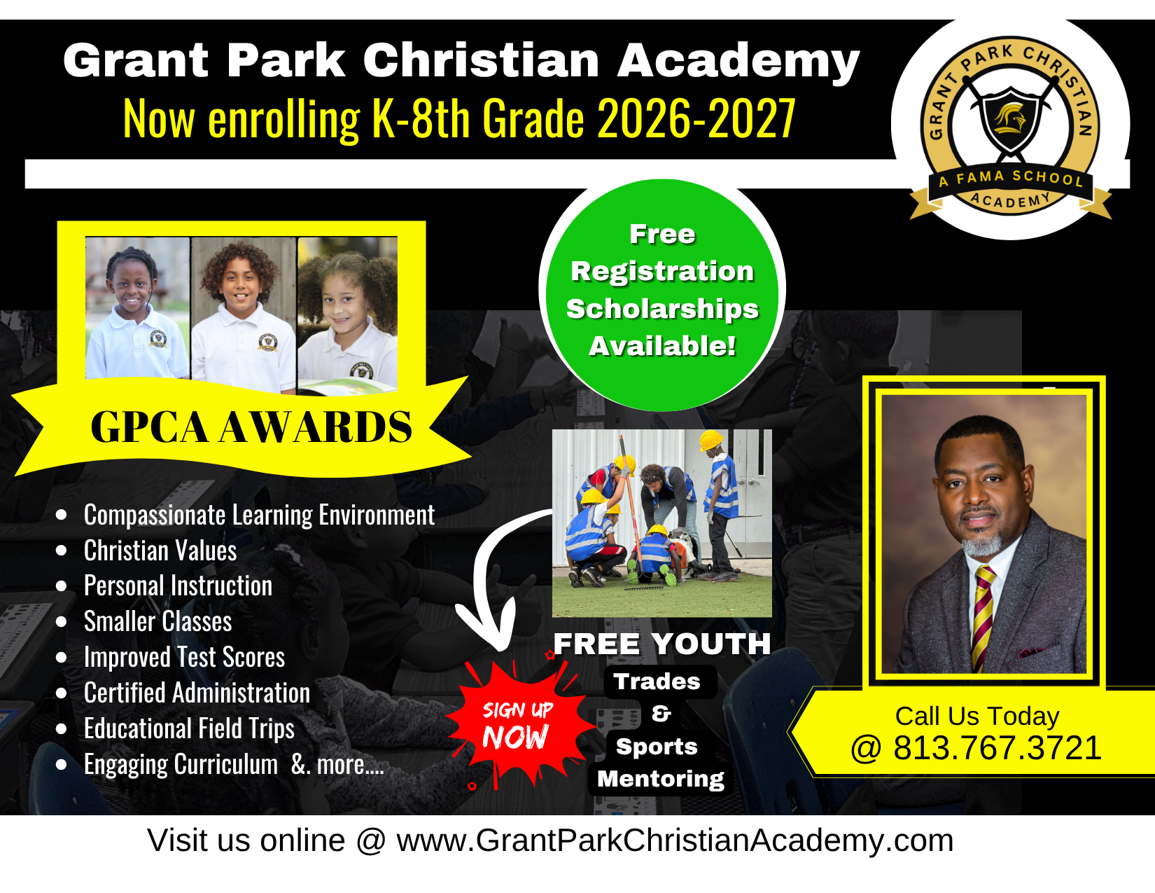 Grant Park Christian Academy enrollment flyer for K-8th grade 2026-2027 with free registration scholarships and youth mentoring programs